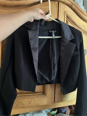 Aqua Black Satin-Trim Cropped Blazer